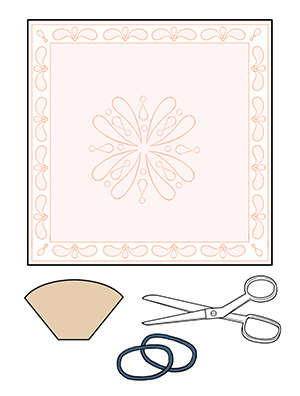 Bandanna, coffee filter, scissors, rubber bands