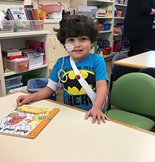 A young patient at Lucile Packard Children's Hospital Stanford in Palo Alto, attending their hospital school.